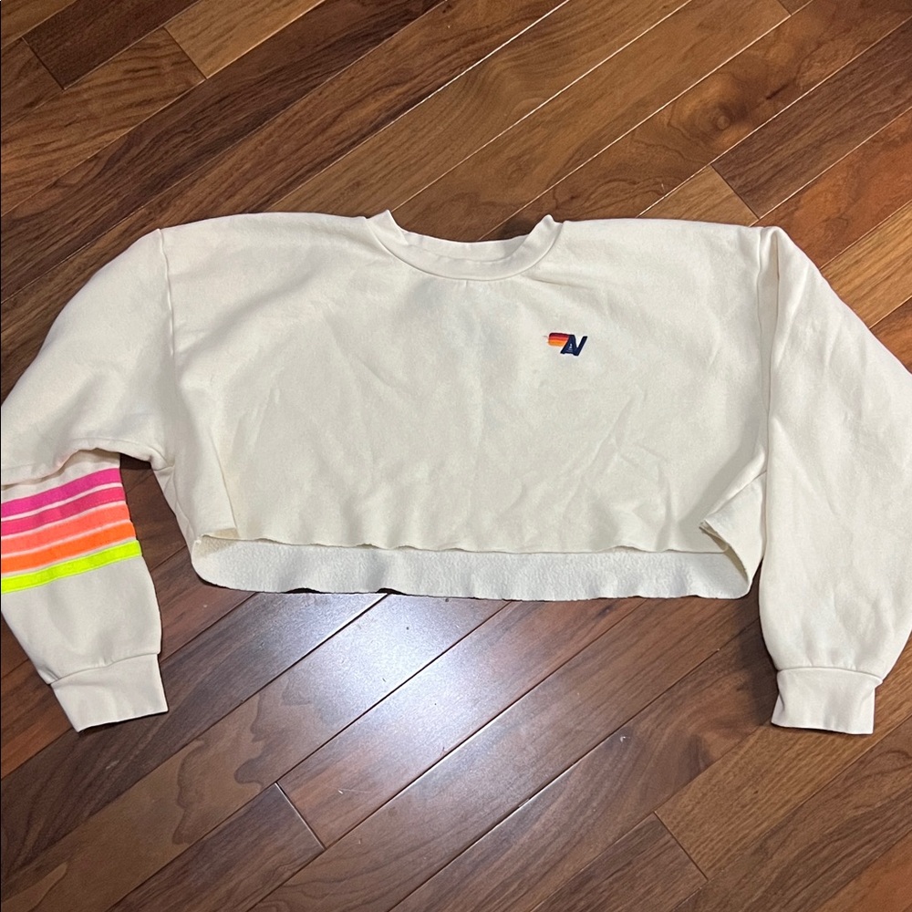 Aviator Nation Cream Cropped Sweatshirt with Neon Rainbow Sleeve size XS